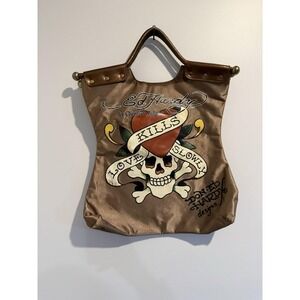 Ed Hardy By Christian Audigier Womens Tote Bag Gold‎ Brown Graffiti HAND HELD